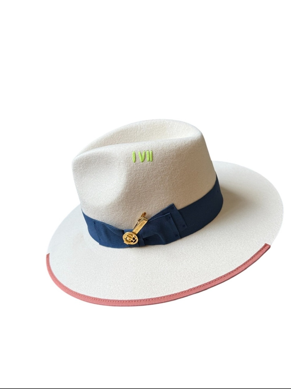 Cream Fedora Hat with Navy Band and Pink Edge